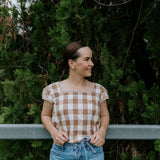 Dusty gingham women's blouse flatlay showing full blouse design in dusty gingham check