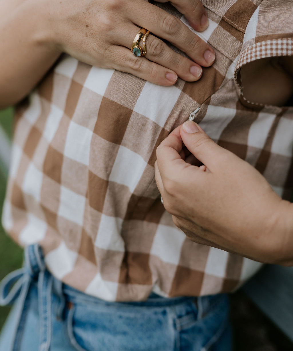 Carrie NURSING dusty gingham women's blouse nursing access detail showing discreet nursing opening
