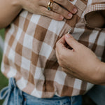 Carrie NURSING dusty gingham women's blouse nursing access detail showing discreet nursing opening