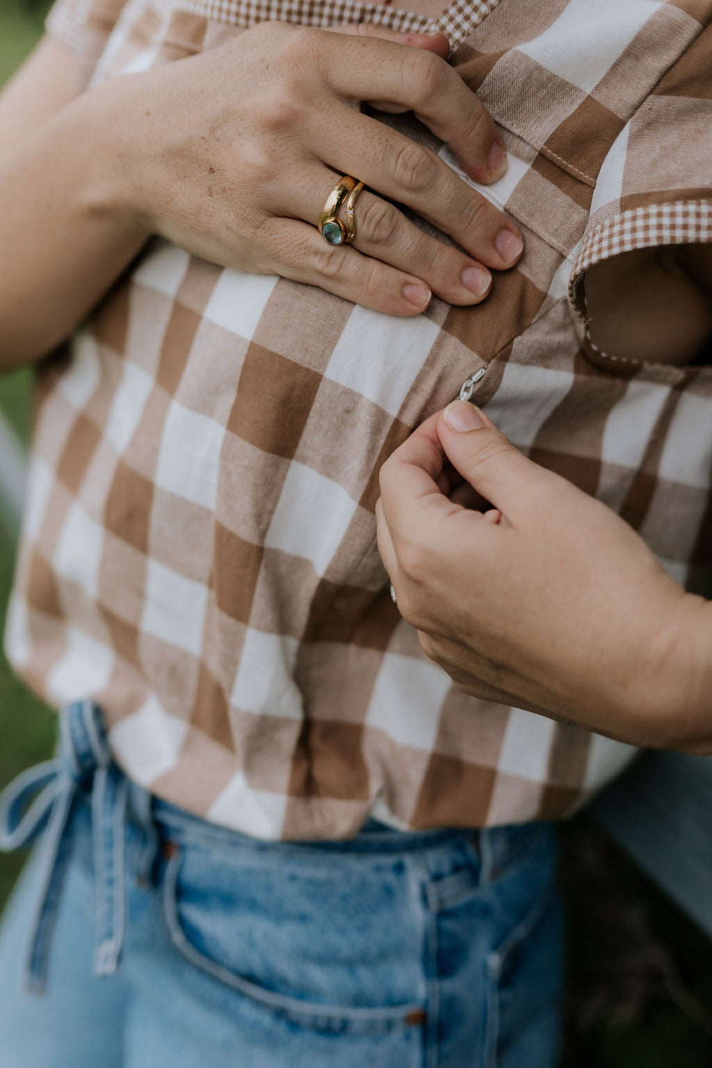 Carrie NURSING dusty gingham women's blouse nursing access detail showing discreet nursing opening