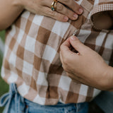 Carrie NURSING dusty gingham women's blouse nursing access detail showing discreet nursing opening
