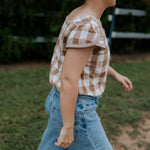 Dusty gingham women's blouse fabric close-up showing quality dusty gingham check weave