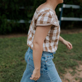 Dusty gingham women's blouse fabric close-up showing quality dusty gingham check weave