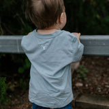 LWCC embroidered kids tee powder blue back view showing relaxed fit and sweet powder blue