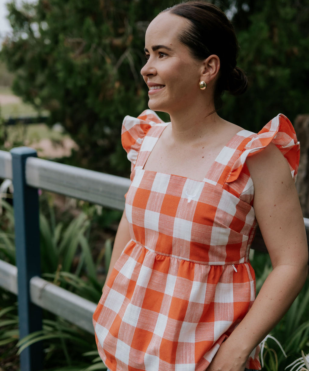 Narla linen orange check women's blouse front view showing chic orange check linen blouse for women
