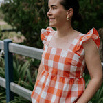 Narla linen orange check women's blouse front view showing chic orange check linen blouse for women
