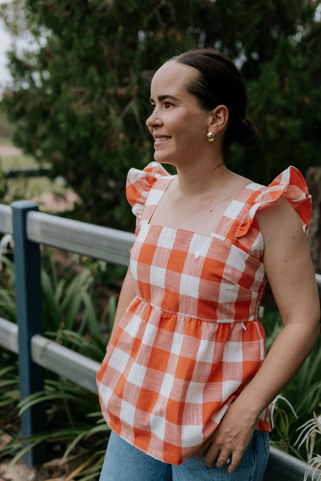 Narla linen orange check women's blouse front view showing chic orange check linen blouse for women