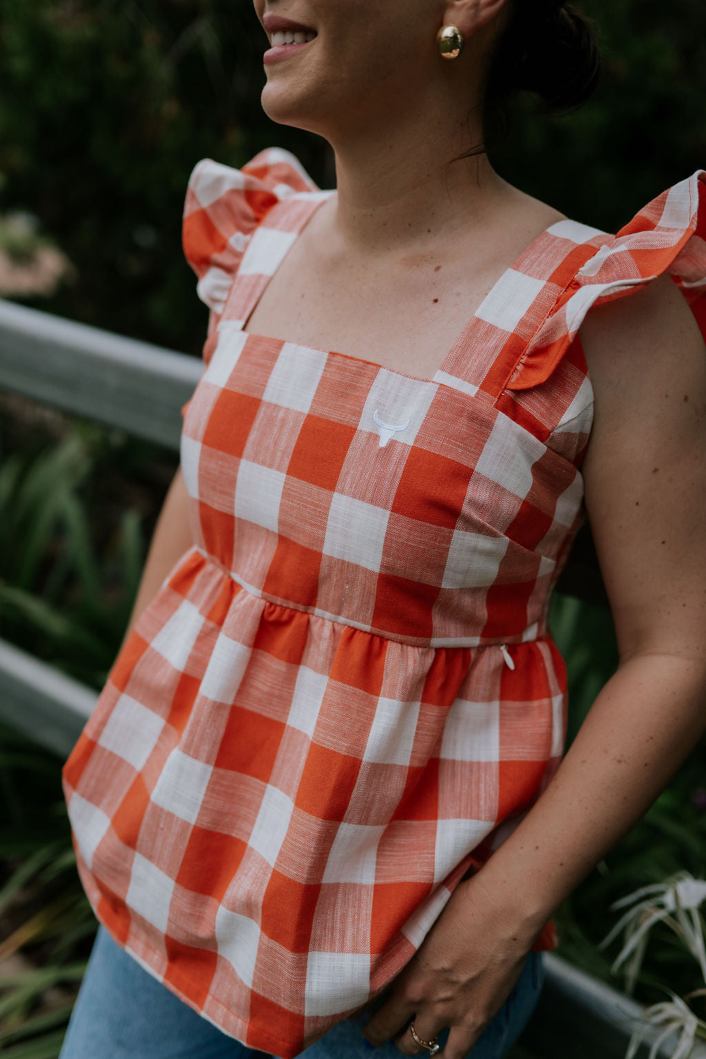 "Mya" NURSING Linen Orange Check Women's Blouse-Little Windmill Clothing Co