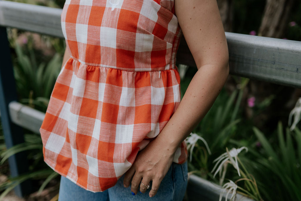 "Mya" NURSING Linen Orange Check Women's Blouse-Little Windmill Clothing Co