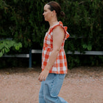 "Mya" NURSING Linen Orange Check Women's Blouse-Little Windmill Clothing Co