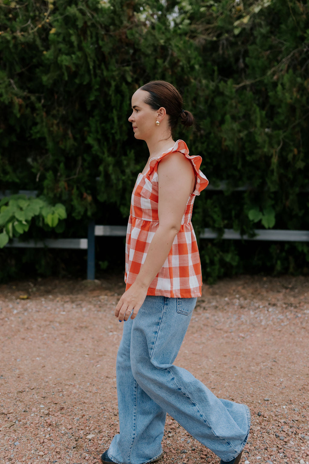 "Mya" NURSING Linen Orange Check Women's Blouse-Little Windmill Clothing Co