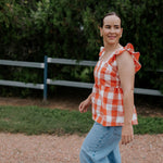 "Mya" NURSING Linen Orange Check Women's Blouse-Little Windmill Clothing Co