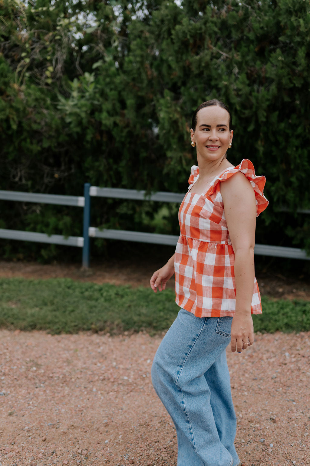 "Mya" NURSING Linen Orange Check Women's Blouse-Little Windmill Clothing Co