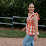 "Mya" NURSING Linen Orange Check Women's Blouse-Little Windmill Clothing Co