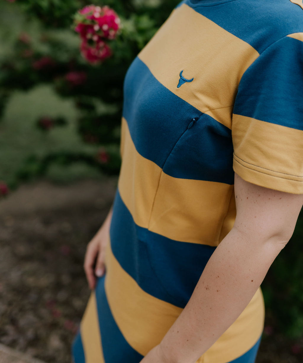 Anne semi-fitted NURSING women's stripe tee dress nursing access detail showing discreet opening