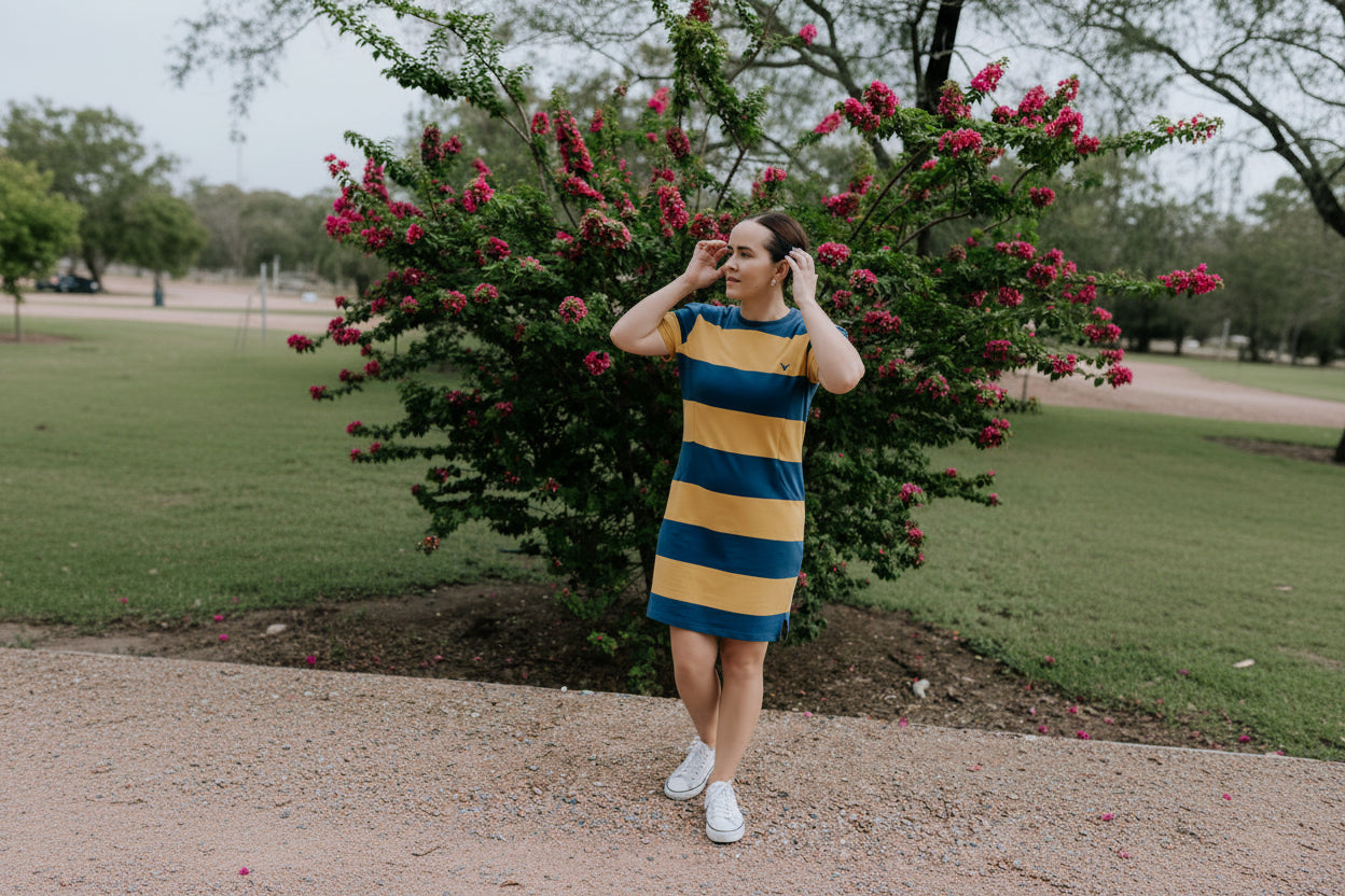 Arabella semi-fitted women's stripe tee dress showing classic multi-stripe pattern