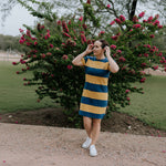 Arabella semi-fitted women's stripe tee dress showing classic multi-stripe pattern