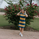 Arabella semi-fitted women's stripe tee dress showing classic multi-stripe pattern