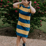 Arabella semi-fitted women's stripe tee dress stripe close-up showing quality stripe detail