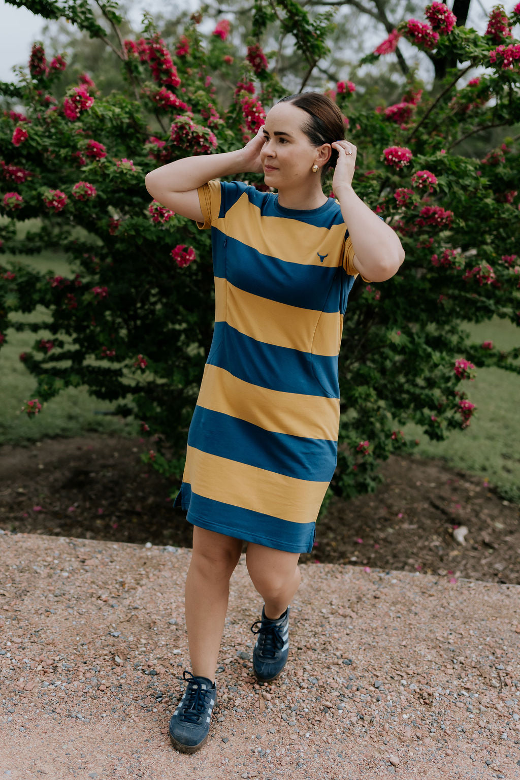 Arabella semi-fitted women's stripe tee dress stripe close-up showing quality stripe detail