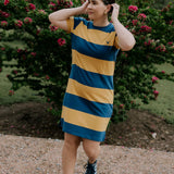Arabella semi-fitted women's stripe tee dress stripe close-up showing quality stripe detail