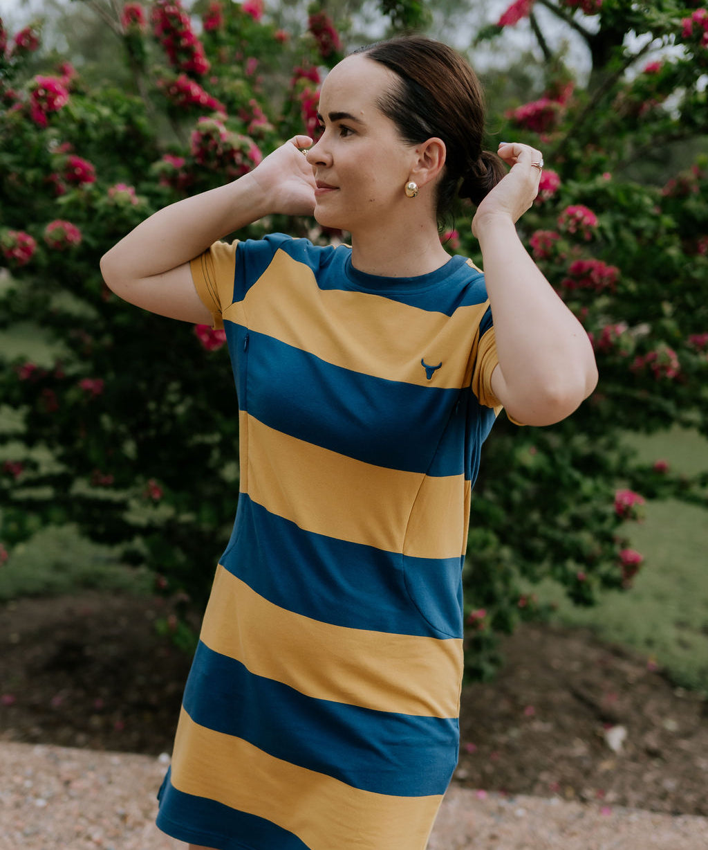 Arabella semi-fitted women's stripe tee dress flatlay showing full stripe tee dress design