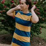 Arabella semi-fitted women's stripe tee dress flatlay showing full stripe tee dress design