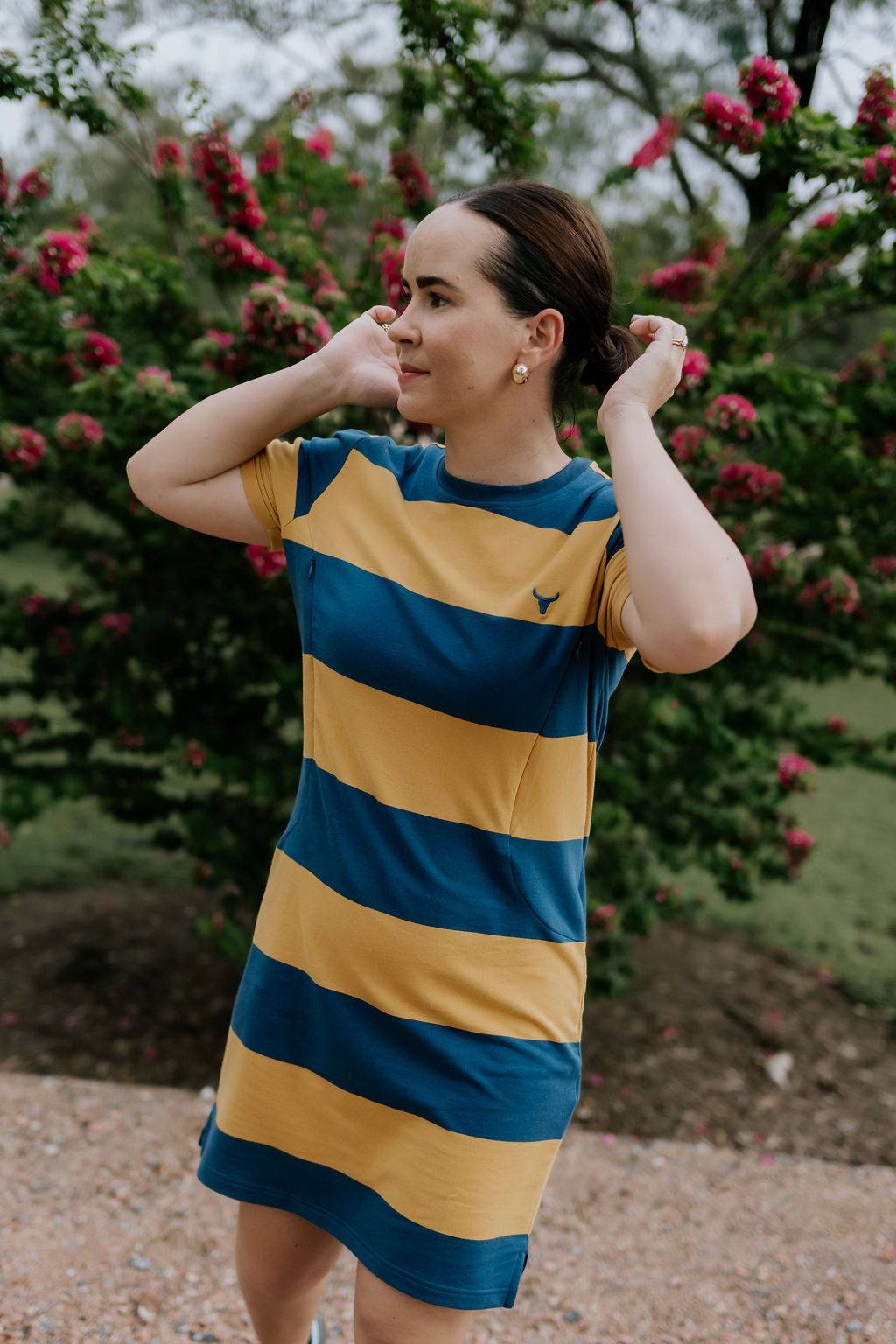 Arabella semi-fitted women's stripe tee dress flatlay showing full stripe tee dress design