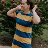 Arabella semi-fitted women's stripe tee dress flatlay showing full stripe tee dress design