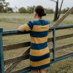 Arabella semi-fitted women's stripe tee dress worn showing flattering semi-fitted silhouette
