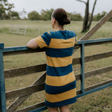 Arabella semi-fitted women's stripe tee dress worn showing flattering semi-fitted silhouette