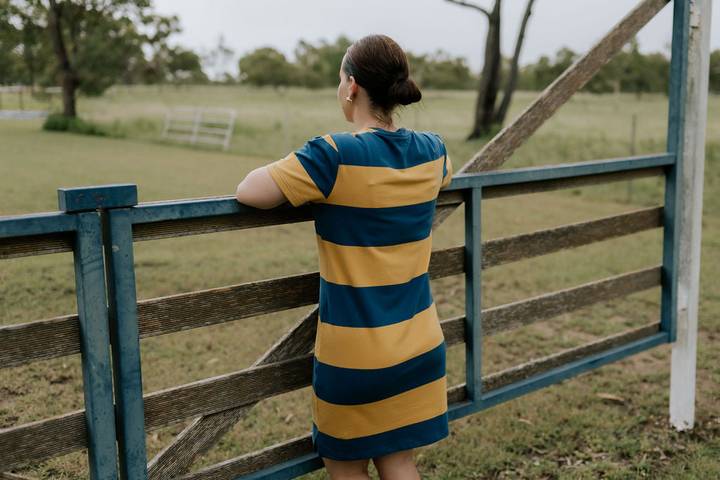 Arabella semi-fitted women's stripe tee dress worn showing flattering semi-fitted silhouette