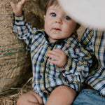 "Dale" Navy Glow Check Long Sleeve Romper-Little Windmill Clothing Co