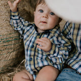 "Dale" Navy Glow Check Long Sleeve Romper-Little Windmill Clothing Co