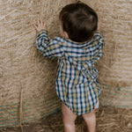 "Dale" Navy Glow Check Long Sleeve Romper-Little Windmill Clothing Co