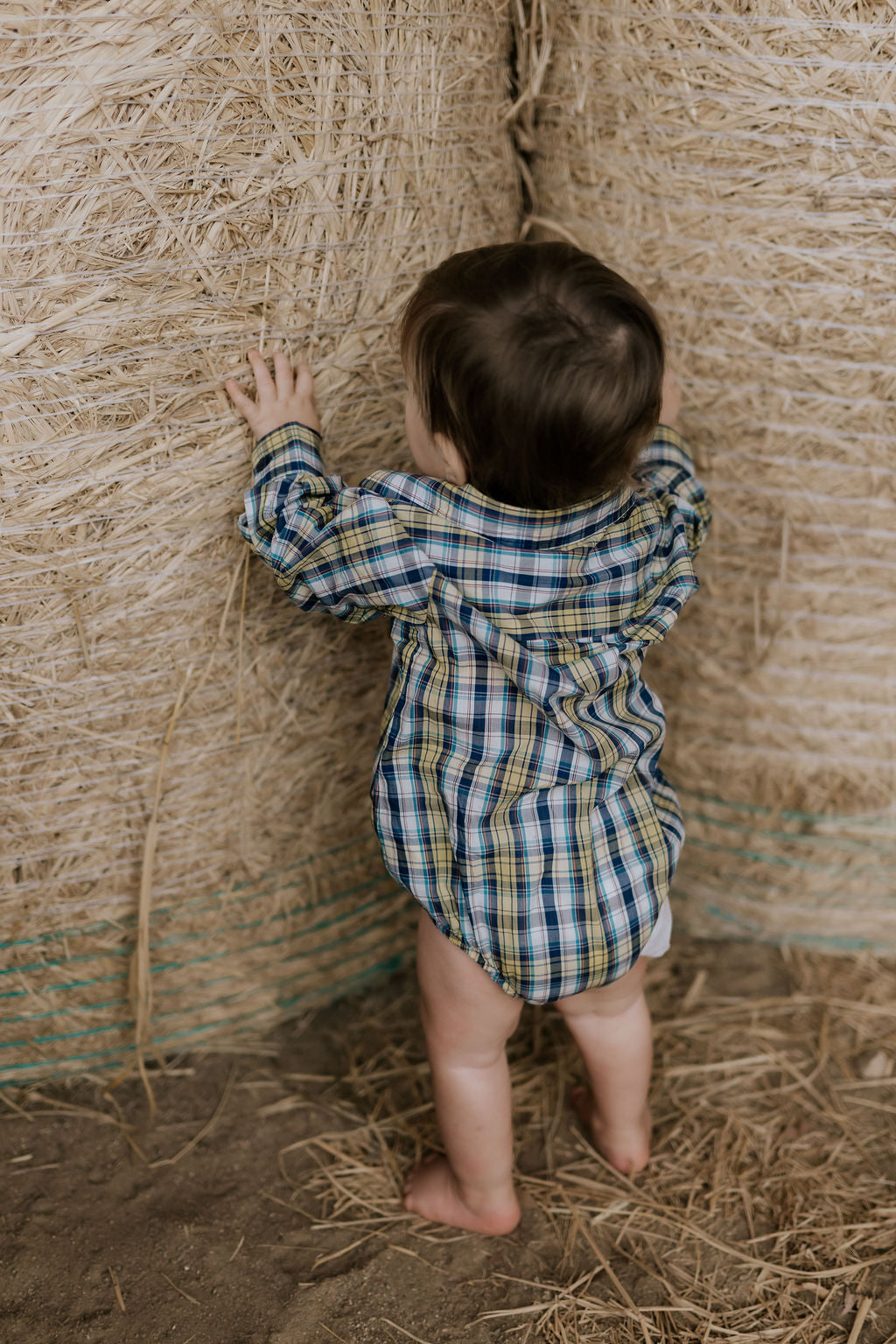 "Dale" Navy Glow Check Long Sleeve Romper-Little Windmill Clothing Co
