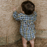 "Dale" Navy Glow Check Long Sleeve Romper-Little Windmill Clothing Co