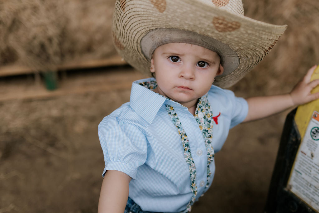 Dasha soft baby blue gingham short sleeve romper print close-up showing soft blue gingham check