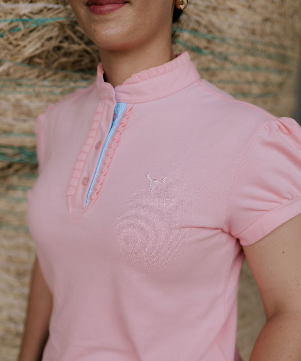 KK pink ruffled collar women's polo shirt back view showing relaxed women's fit in pink