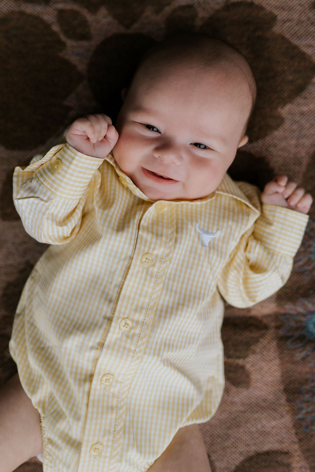 Sunshine lemon long sleeve romper flatlay showing full sunny lemon yellow romper design