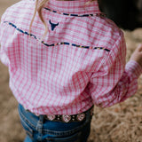 Stella pink check western yoke long sleeve shirt back view showing relaxed women's fit and western yoke