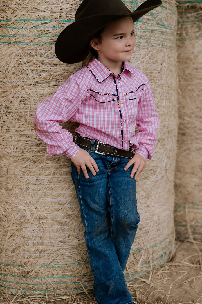 Stella pink check western yoke long sleeve shirt worn showing charming western country women's style