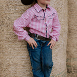 Stella pink check western yoke long sleeve shirt worn showing charming western country women's style