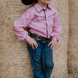Stella pink check western yoke long sleeve shirt worn showing charming western country women's style