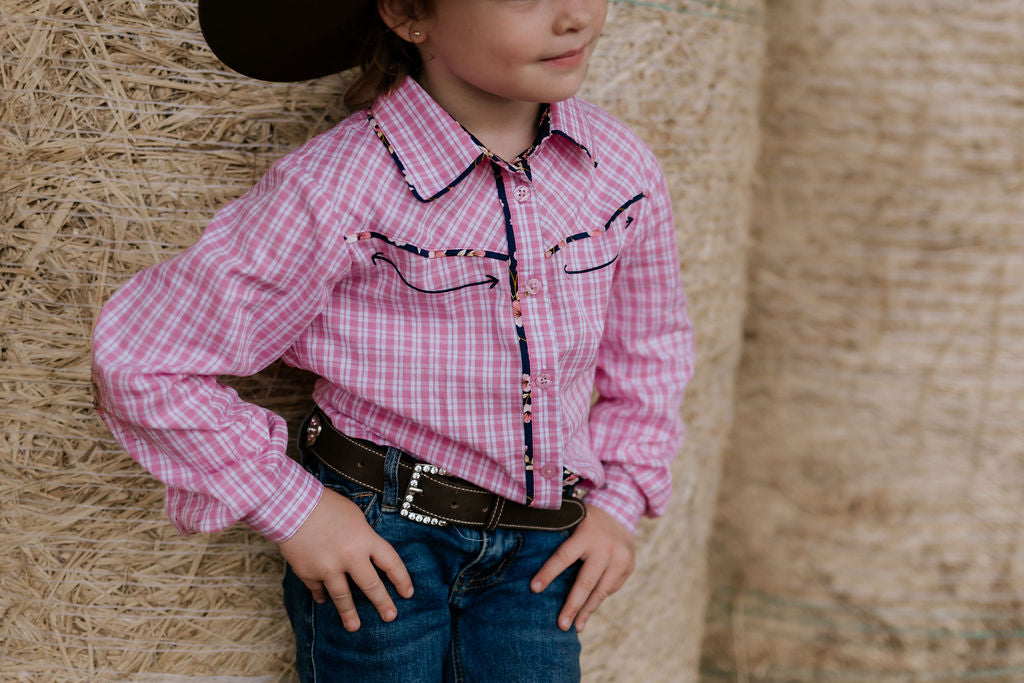 Stella pink check western yoke long sleeve shirt yoke detail showing beautiful western embroidered yoke