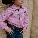 Stella pink check western yoke long sleeve shirt yoke detail showing beautiful western embroidered yoke