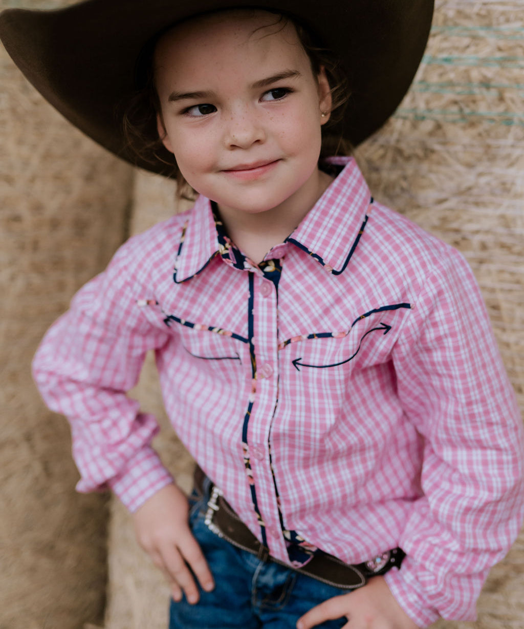Stella pink check western yoke long sleeve shirt front view showing pretty pink check shirt with western yoke detail