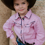 Stella pink check western yoke long sleeve shirt front view showing pretty pink check shirt with western yoke detail
