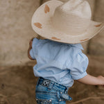"Dasha" Soft Baby Blue gingham Short Sleeve Romper-Little Windmill Clothing Co