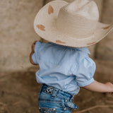 "Dasha" Soft Baby Blue gingham Short Sleeve Romper-Little Windmill Clothing Co